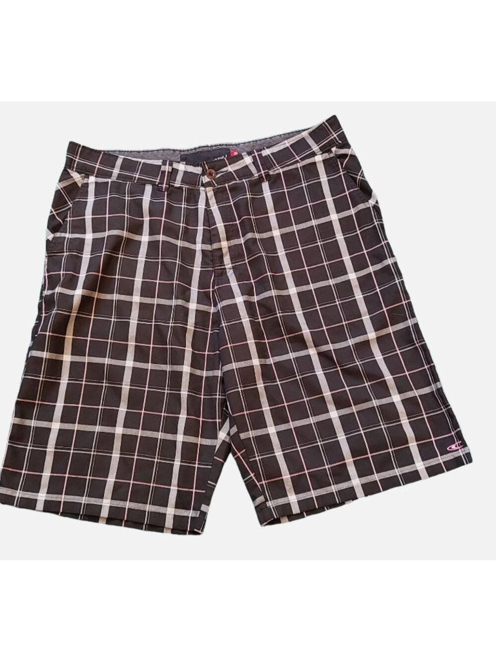 O'Neill Men's Flat Front Black Pink Gray Plaid Shorts Heinz Style Size 36 EUC